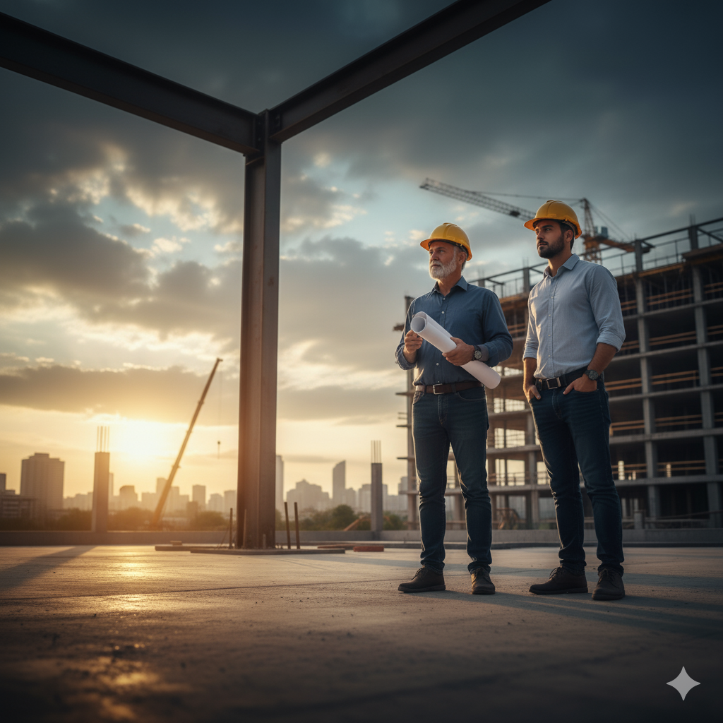 Architectural blueprint and construction tools on a wooden table.
