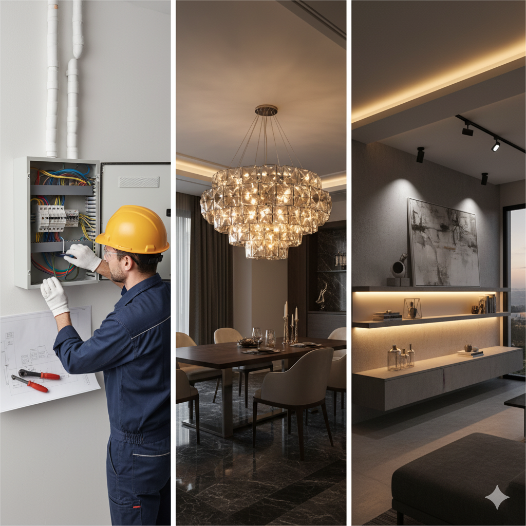 A collage of modern electrical work and fancy light fittings.